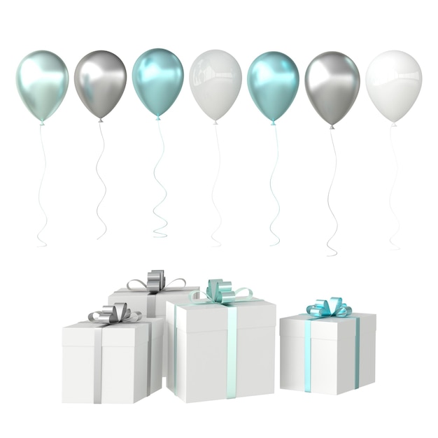 Illustrazione di rendering 3d di palloncini colorati realistici e confezione regalo con fiocco a nastro isolato su bianco