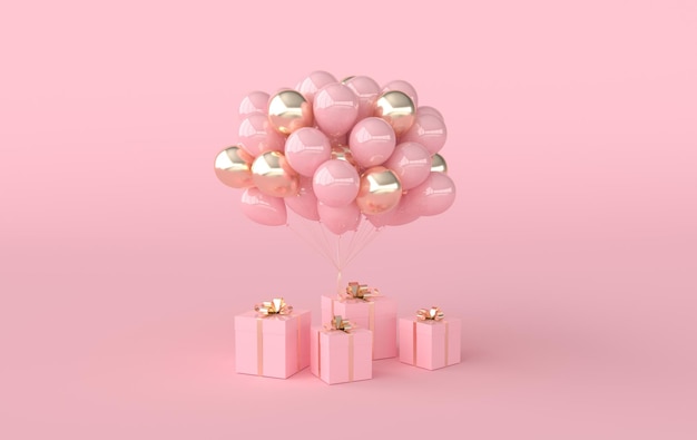 3d render illustration of realistic pink and golden balloons and gift box