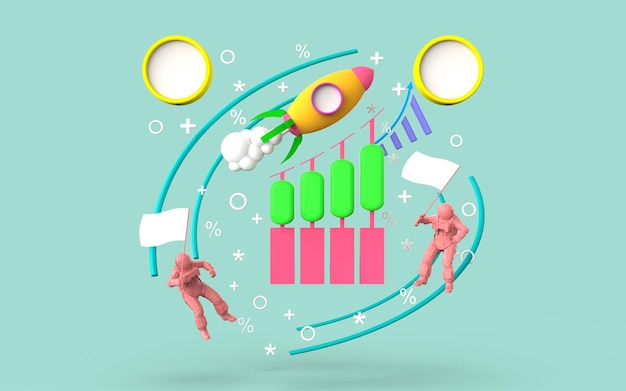 3d render illustration rocket chart for marketing social media concept interface for web analytics