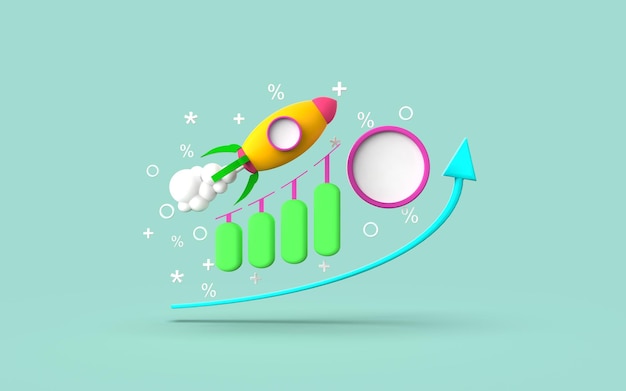 3d render illustration rocket chart for marketing social media concept interface for web analytics