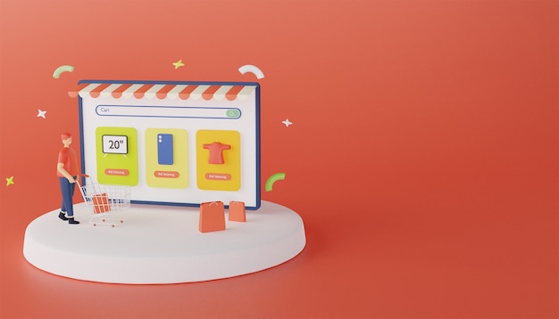 3d render illustration shopping online online store a man pushing a trolley