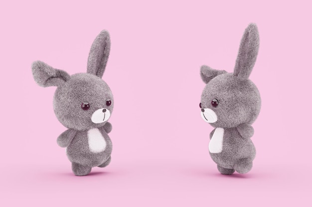 3d render illustration of toy rabbits on pink background