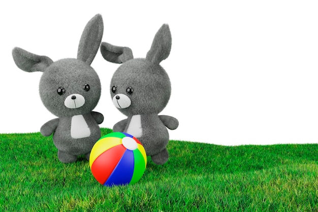 3d render illustration of toy rabbits playing ball on a field