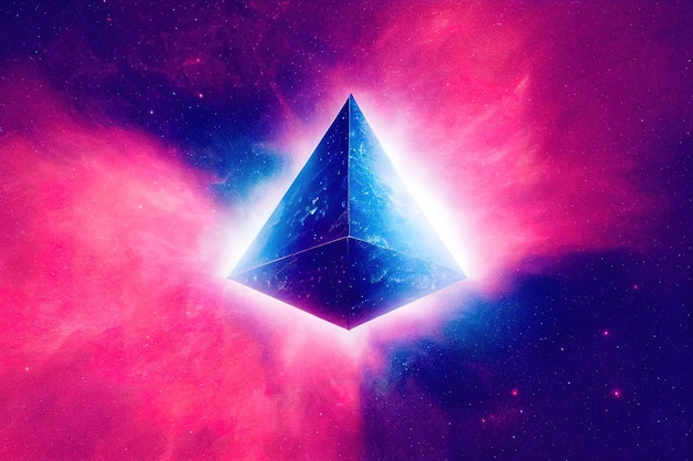 3d render illustration of trendy cosmic crystal geometric shape pyramid in purple color Polygon diamond or crystal poster