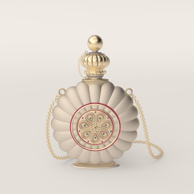 3d render illustration of vintage decorated gold flask with patterns precious stones and chain