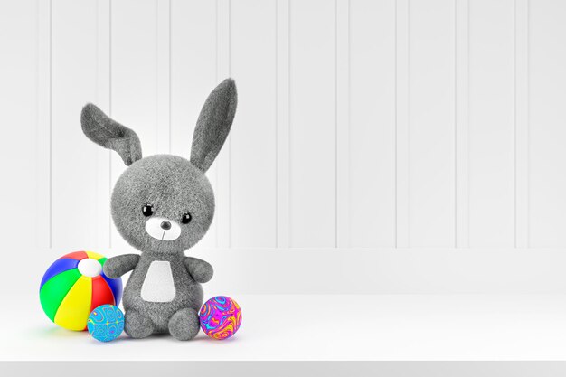 3d render ilustration of toy rabbit on white display shelf Kid room mock up