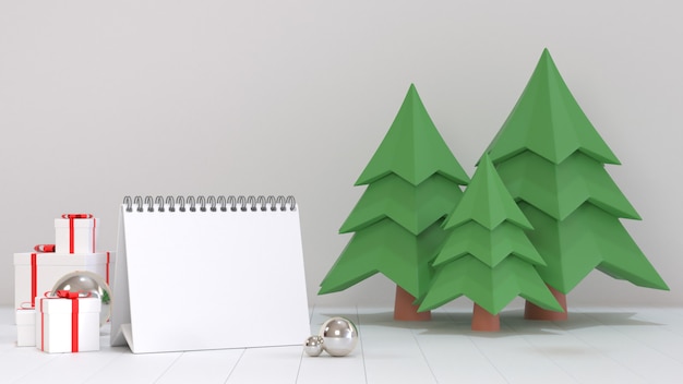 来年の目標のための空白のカレンダー用紙の3 dレンダリング画像は、クリスマスの飾りシーンで飾る。