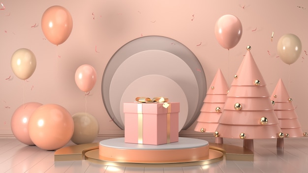 3d render image of christmas gift box decorate on podium pink pastel color.