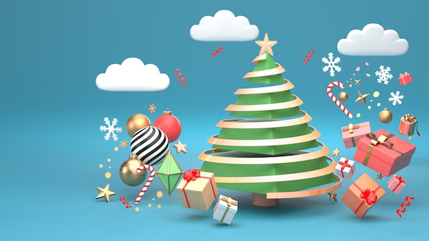 3d render image of christmas tree design for christmas holiday decorate by ornament geometric shape and giftbox.