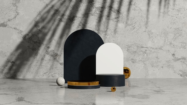 手のひらの影と灰色の大理石の背景の製品ディスプレイを備えた3Dレンダリング画像ゴールドブラック表彰台