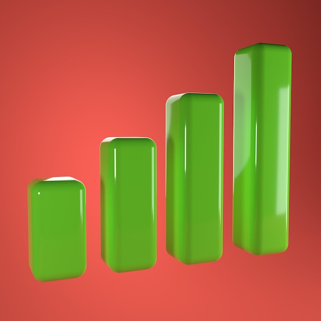 3d render image of green shiny bar rising chart with desaturated red background