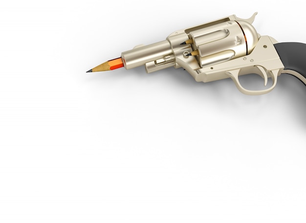 총알 대신 연필로 총의 3d 렌더링 이미지.