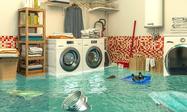 3d render image of an interior of a flooded laundry.