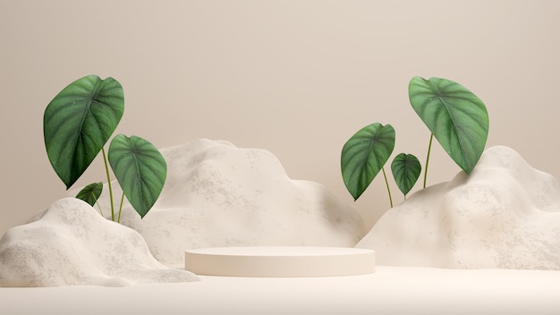 製品展示用の空きスペースモックアップ表彰台自然カラジューム植物の3dレンダリング画像