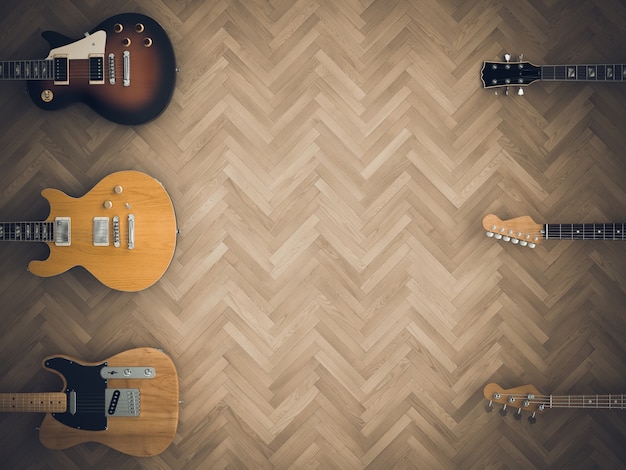 3d render image of a series of electric guitars on wooden floor. 