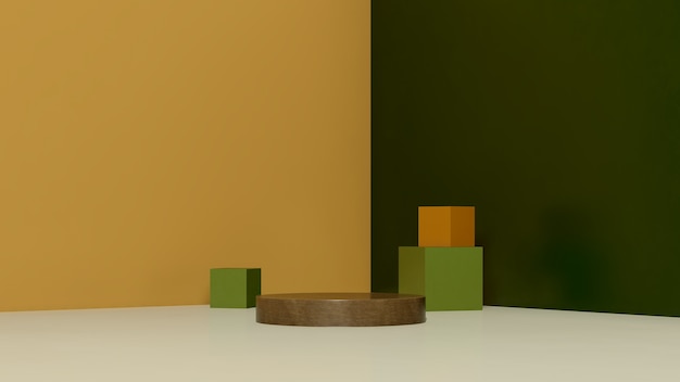 노란색 녹색 배경 제품 디스플레이 광고가 있는 3d 렌더링 이미지 나무 연단