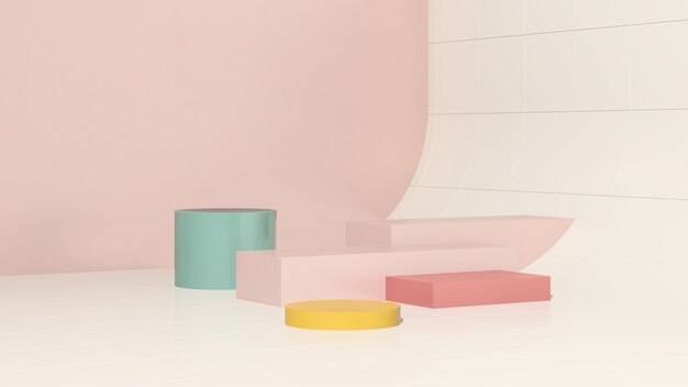 사진 3d 렌더링 이미지 흰색 배경 제품 디스플레이 광고가 있는 노란색 분홍색 연단
