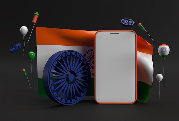 3d render india flag with smartphone mockup design.