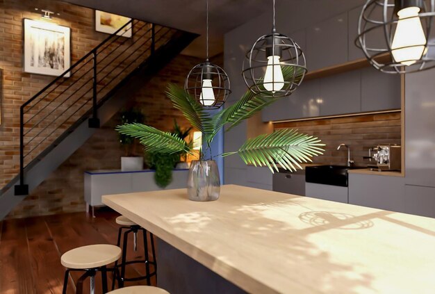 3d render industrial loft interior design