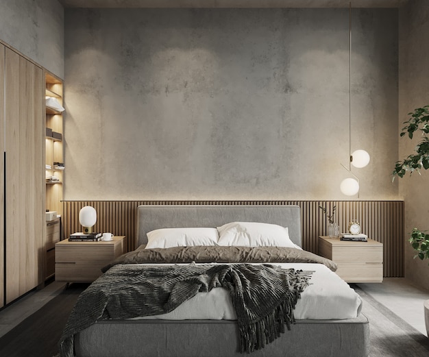 3d render, interior of bedroom , concrete wall mockup