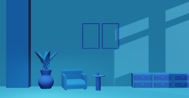 3D render interior design blue color