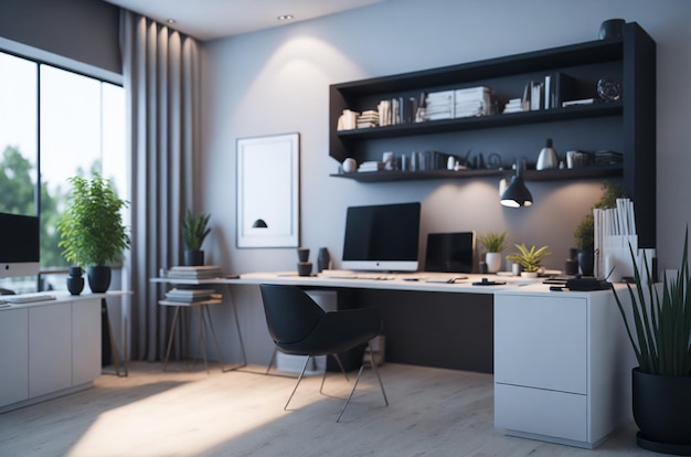 3D render of interior modern living room workspace with desk and desktop computer