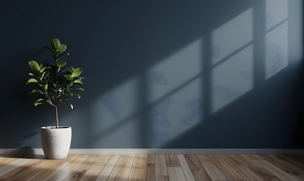 3d render of interior room with blue wall and green plant