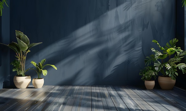 3d render of interior room with blue wall and green plant