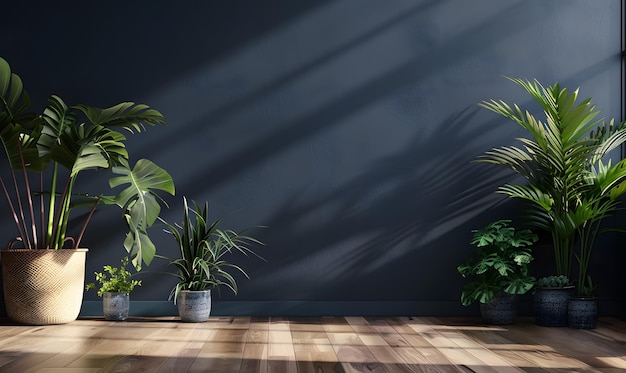 3d render of interior room with blue wall and green plant