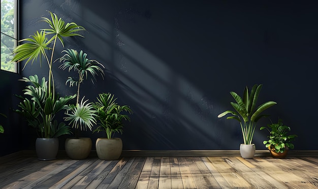 3d render of interior room with blue wall and green plant