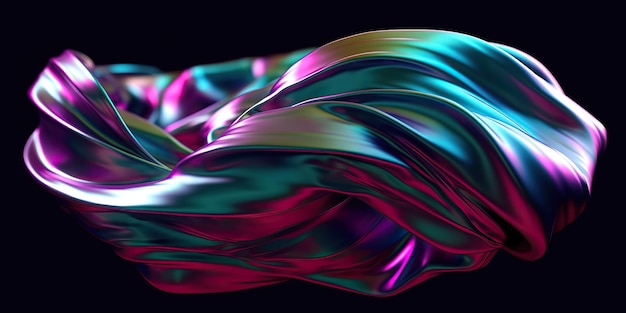 3d render Iridescent shape A colorful silk with a black background and a blue and pink swirl