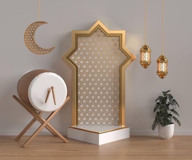 3D рендеринг исламского подиума для Ид аль Фитр Рамадан Адха со звездой Кетупат Латерн в золотом стиле