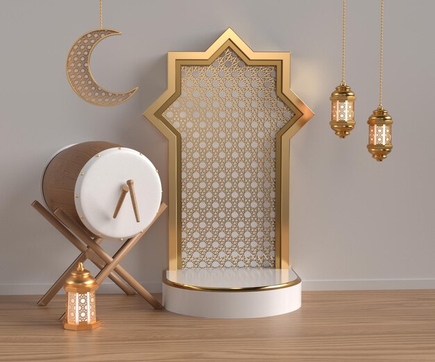 3D render islamitisch podium voor eid al fitr ramadhan adha met ster ketupat latern gouden stijl