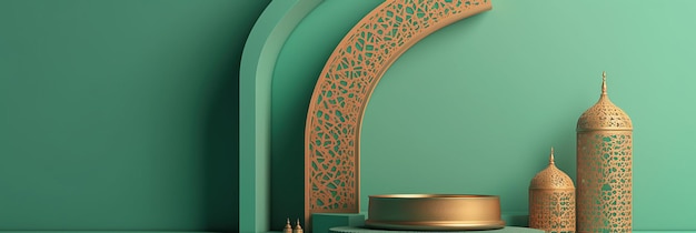 3D render Islamitische decoratie Iftar Eid lantaarns podium met gouden inzetstukken Ramadan stijl samenstelling