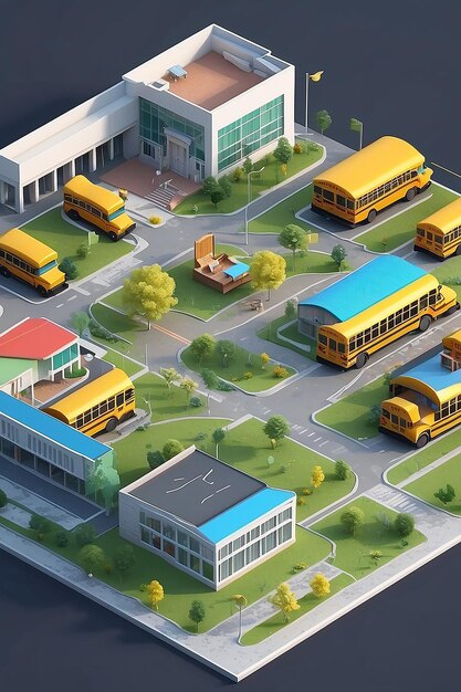 3d render isometric school and school bus 3d illustration