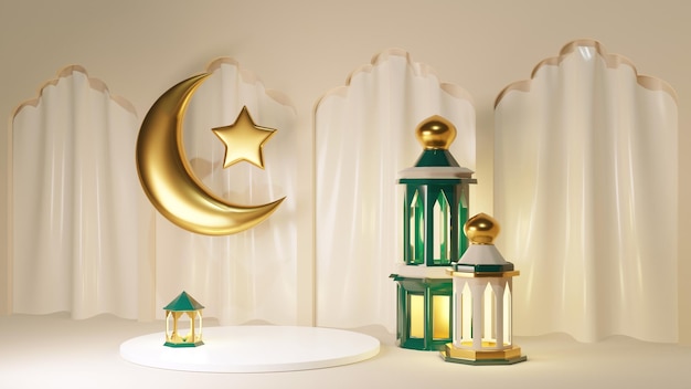 Photo 3d render jewelry podium with ramadan kareem celebration background golden crescent with curtains