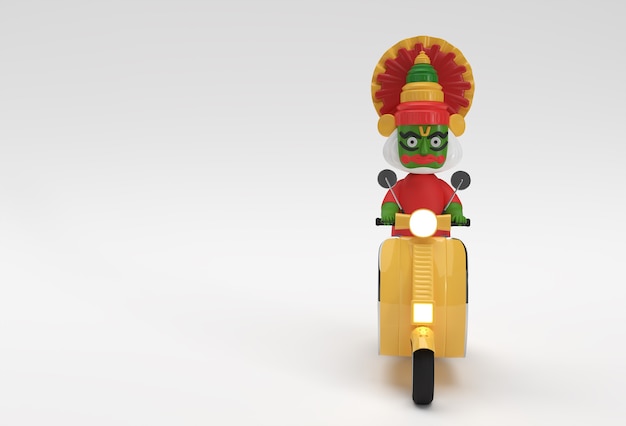 3D Render Kathakali Man Riding Motor Scooter Onam festival van Zuid-India Kerala.