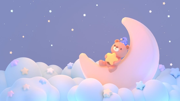 3Dレンダリング カワイイ 赤ちゃんのクマが月面に横たわっている