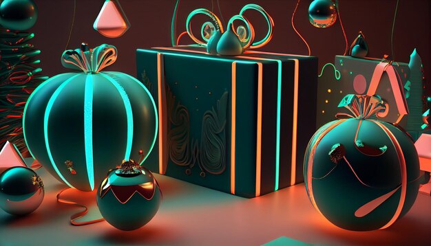 Foto 3d render kerst neon achtergrond met geschenkdoos