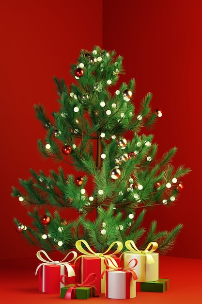 3d render kerstboom met geschenkdoos