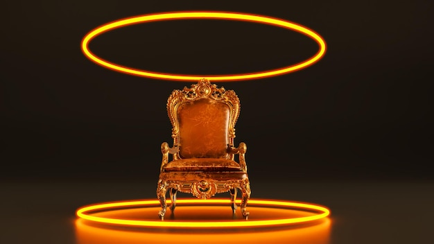 3D render of king armchair with Glowing Neon light king throne