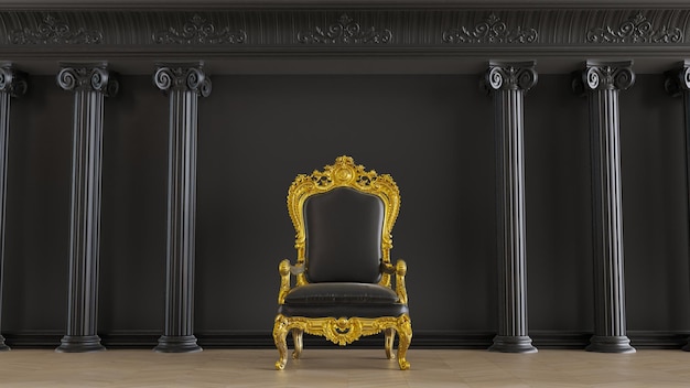 3D render of king throne on black background with colmuns pillars vip concept