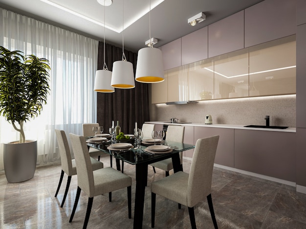 Rendering 3d. interior design della cucina.