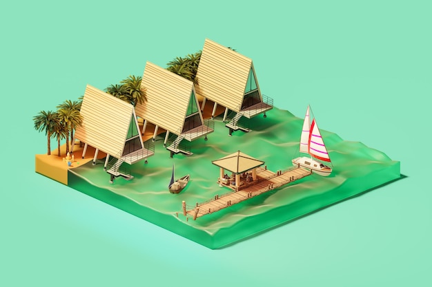 3D render kleine houten huizen en palmen gelegen tegen de pier met zeilboot en paviljoen op groen