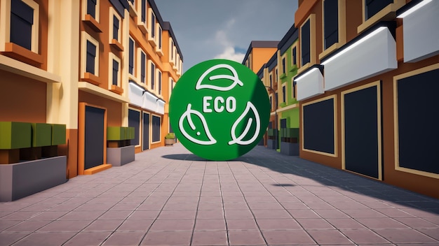 3D Render laag Polygoon eco-pictogram in het midden met de omgeving op de achtergrond