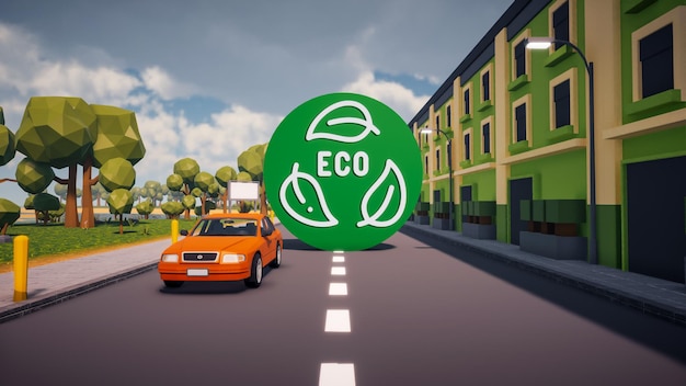 3D Render laag Polygoon eco-pictogram in het midden met de omgeving op de achtergrond