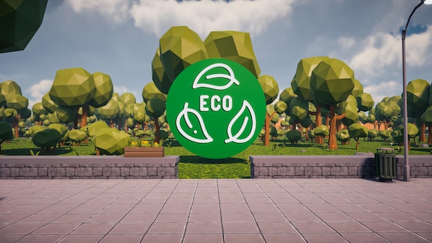 3D Render laag Polygoon eco-pictogram in het midden met de omgeving op de achtergrond