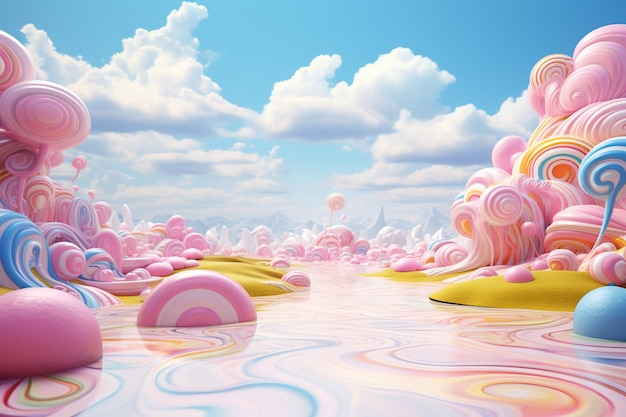 3D render of a landscape with lollipops and clouds