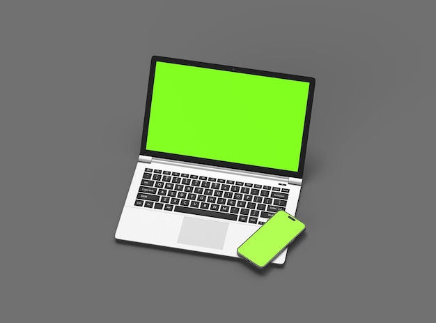 Photo 3d render of laptop and phone with green screen on a dark background