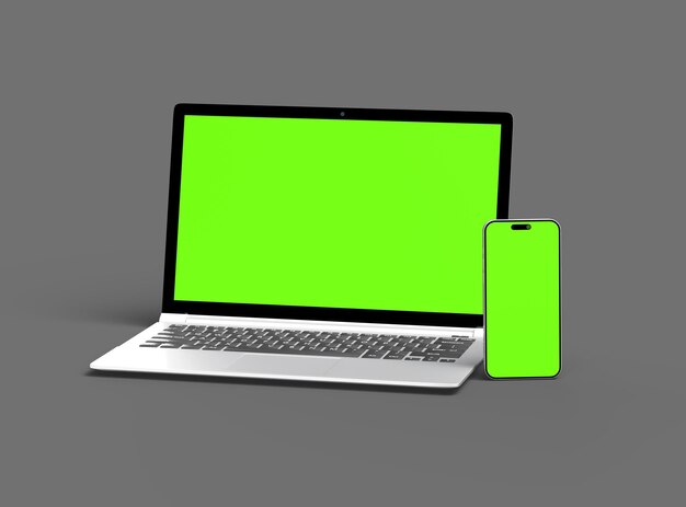 3D Render of laptop and phone with green screen on a dark background